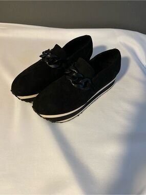 Pierre Dumas Black Suede Platform Slip-Ons with Chain Detail